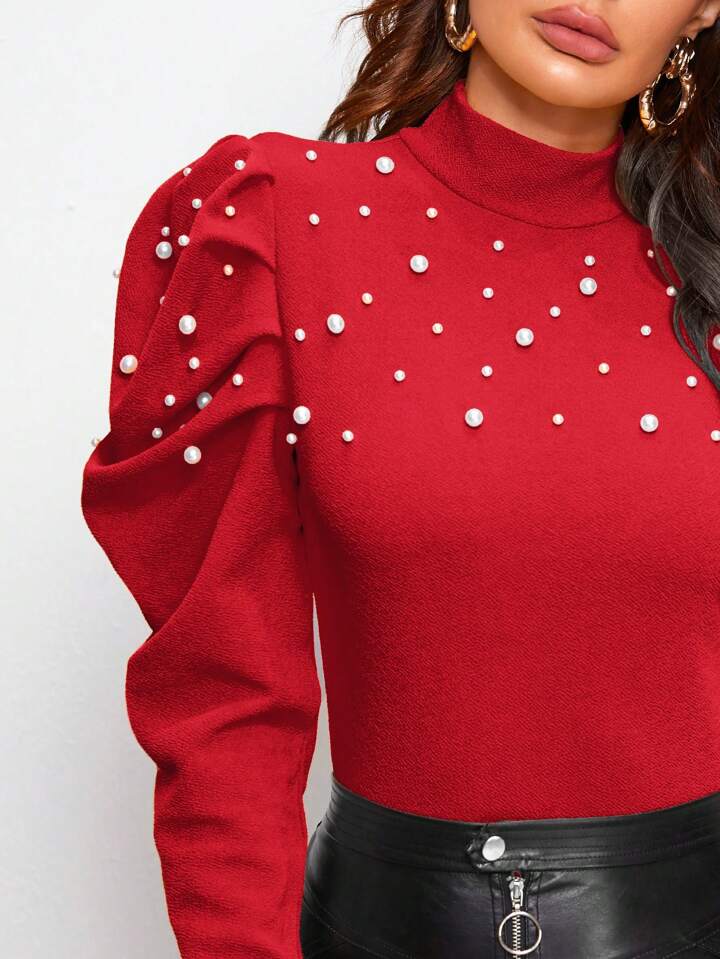 CM-TS829069 Women Casual Seoul Style Mock-Neck Pearl Beaded Leg-of-Mutton Sleeve Top - Red