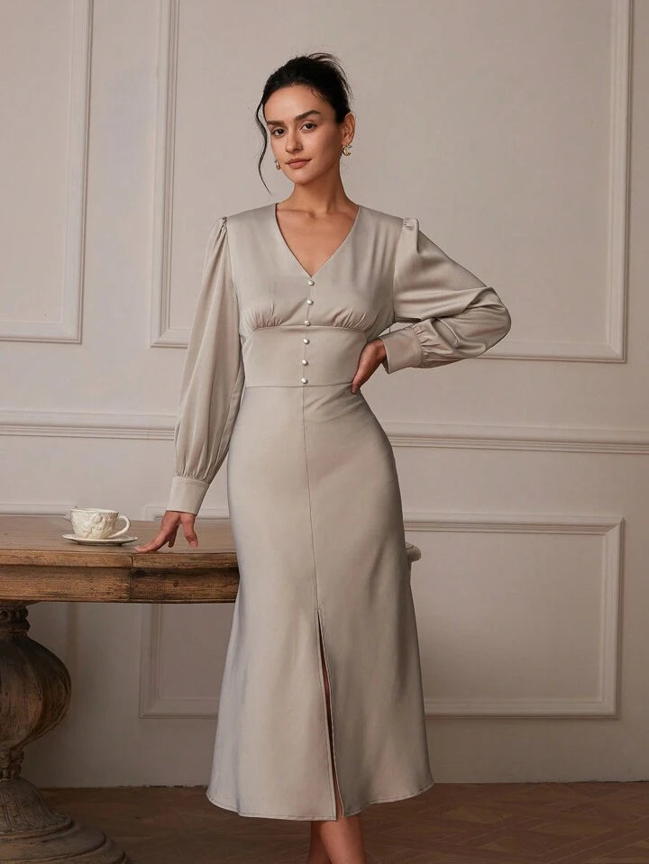 CM-DS307088 Women Elegant Seoul Style Solid Color V-Neck Long Sleeve Front Slit Dress - Dusty Purple