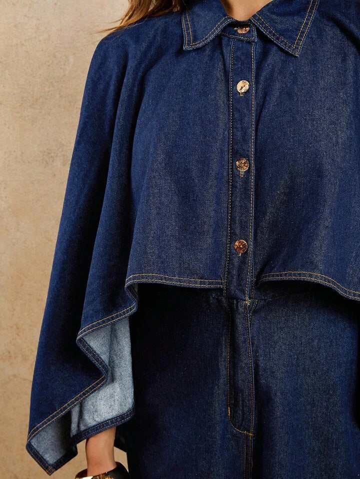 CM-JS335015 Women Casual Seoul Style 2-In-1 Batwing Sleeve Long Sleeve Loose Denim Jumpsuit - Blue