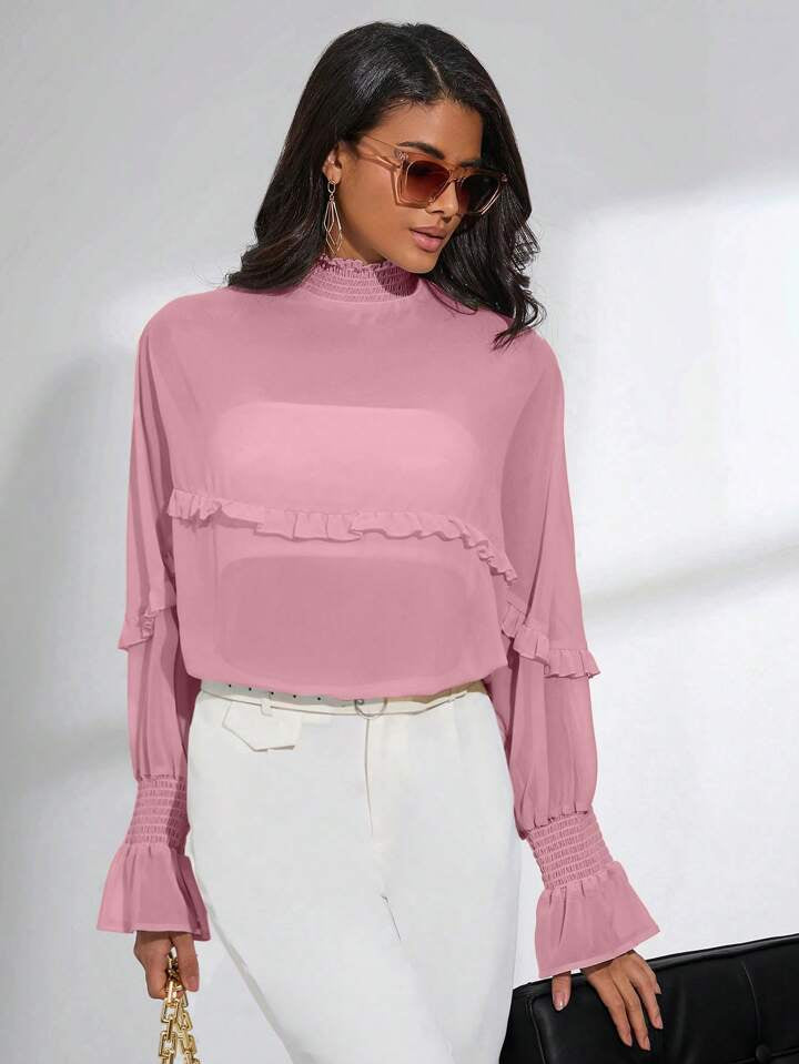 CM-TS187536 Women Trendy Bohemian Style Shirred Neck Batwing Sleeve Sheer Blouse - Pink