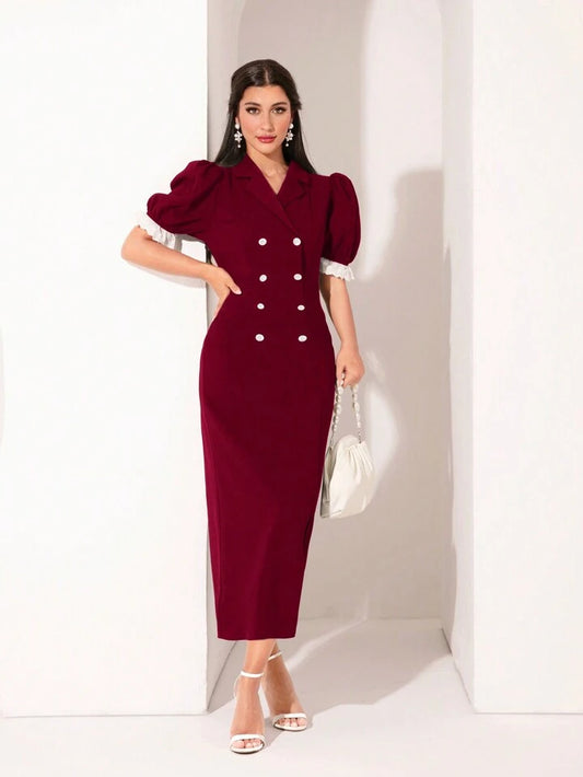 CM-DS071117 Women Elegant Seoul Style Lace Patchwork Double-Breasted Puff Sleeve Dress - Burgundy