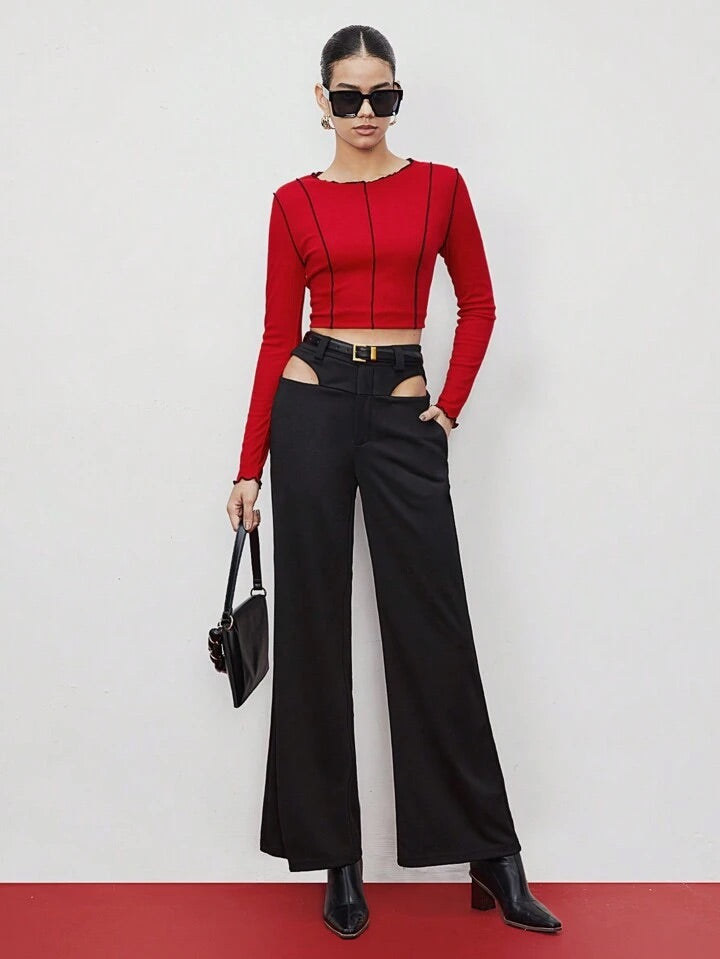 CM-BS398449 Women Elegant Seoul Style High Waist Hollow Out Pants - Black