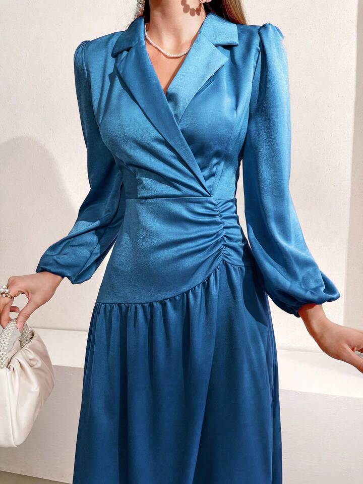 CM-DS641797 Women Casual Seoul Style Turn-Down Collar Lantern Sleeve Pleated Dress - Blue