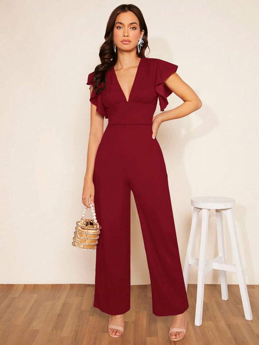 CM-JS151161 Women Elegant Seoul Style Plunging Neck Butterfly Sleeve Jumpsuit - Burgundy