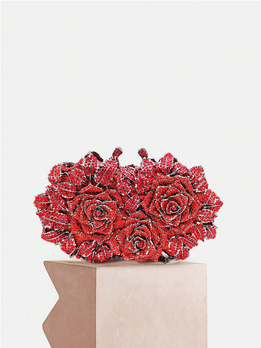 CM-BGS195899 Women Elegant Seoul Style Floral Design Crystal Metal Rhinestone Clutch Bag - Red