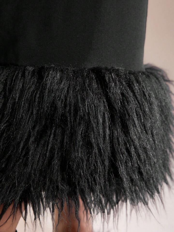CM-BS738020 Women Elegant Seoul Style High Waist Fuzzy Hem Skirt - Black