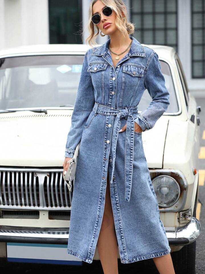CM-DS564105 Women Casual Seoul Style Light Wash Collar Neckline Fake Pocket-Breasted Belted Denim Dress