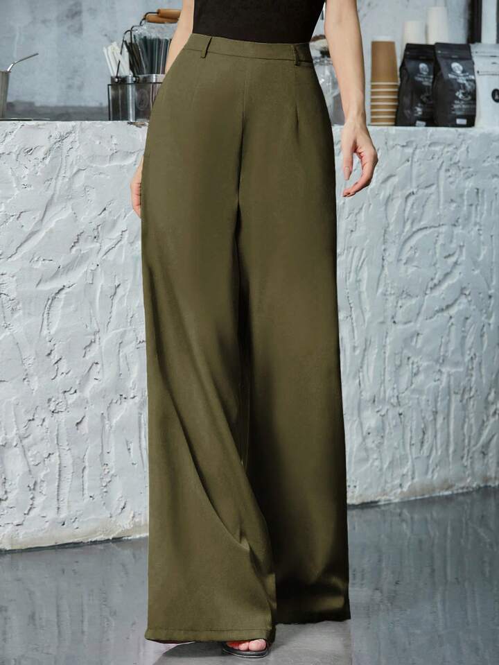 CM-BS181217 Women Elegant Seoul Style Solid Mid Waist Zip Back Wide Leg Pants - Army Green