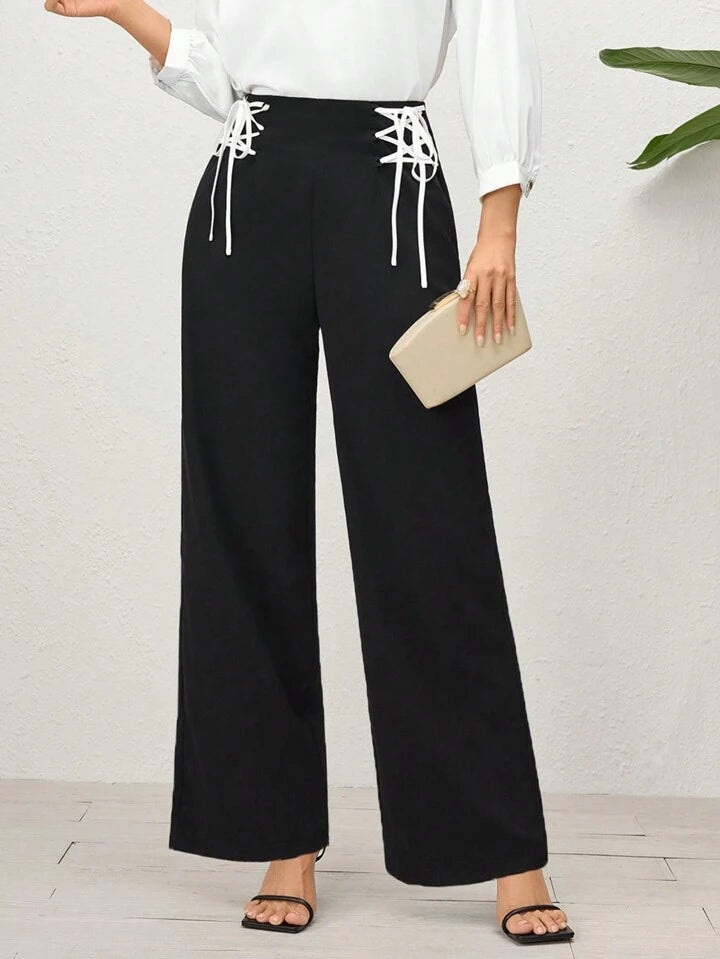 CM-BS517705 Women Casual Seoul Style Drawstring High-Waist Wide-Leg Pants - Black