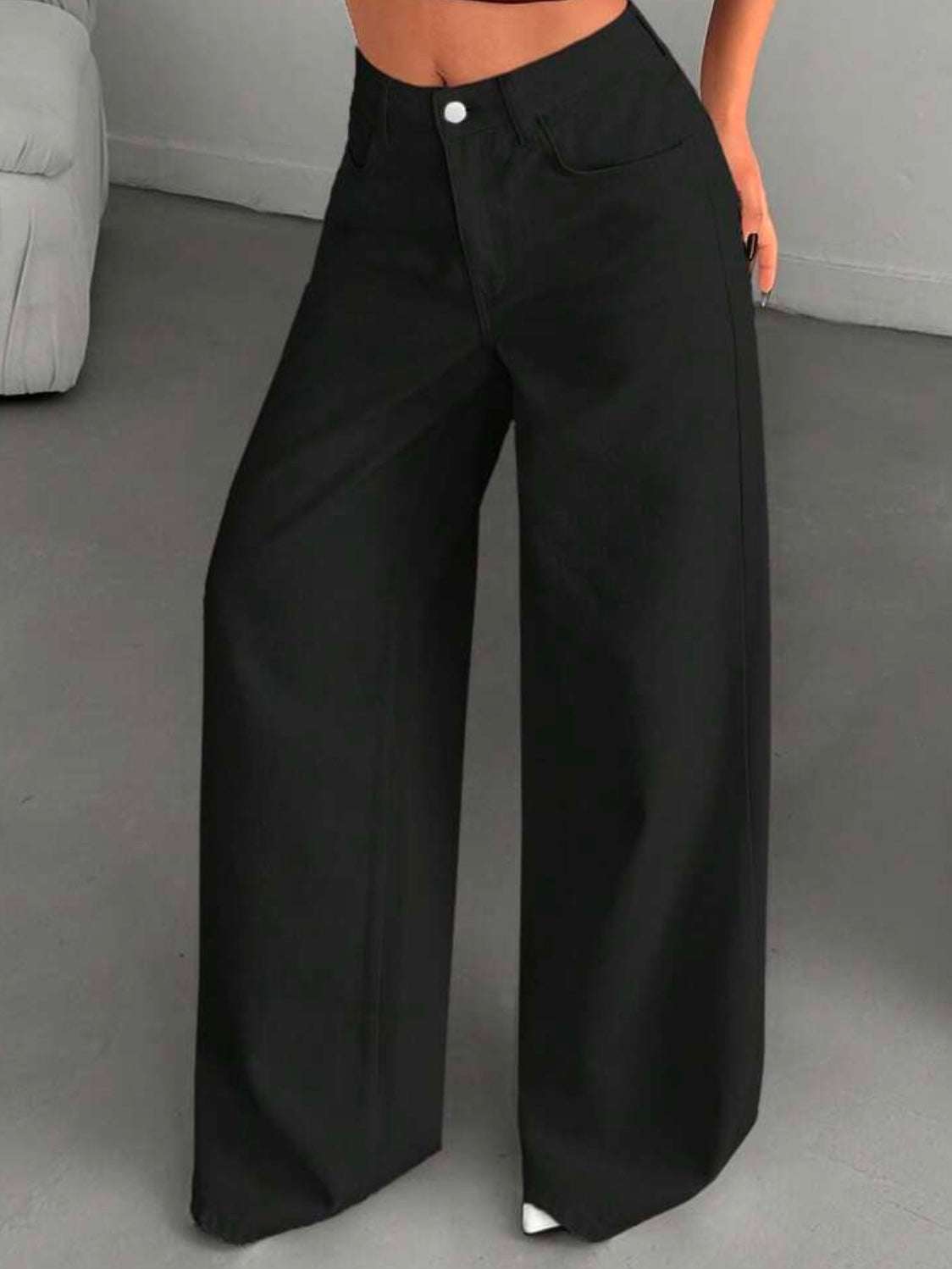 CM-BS269893 Women Casual Seoul Style High-Waisted Wide-Leg Denim Jeans - Black