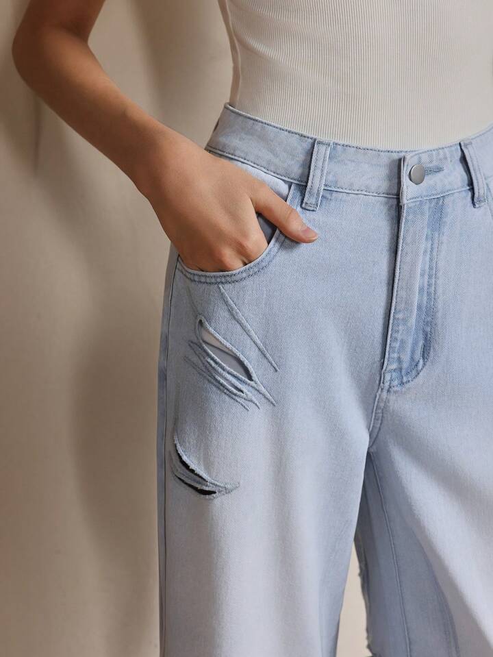 CM-BS909369 Women Casual Seoul Style Light Wash Mid Waist Distressed Straight Leg Jeans
