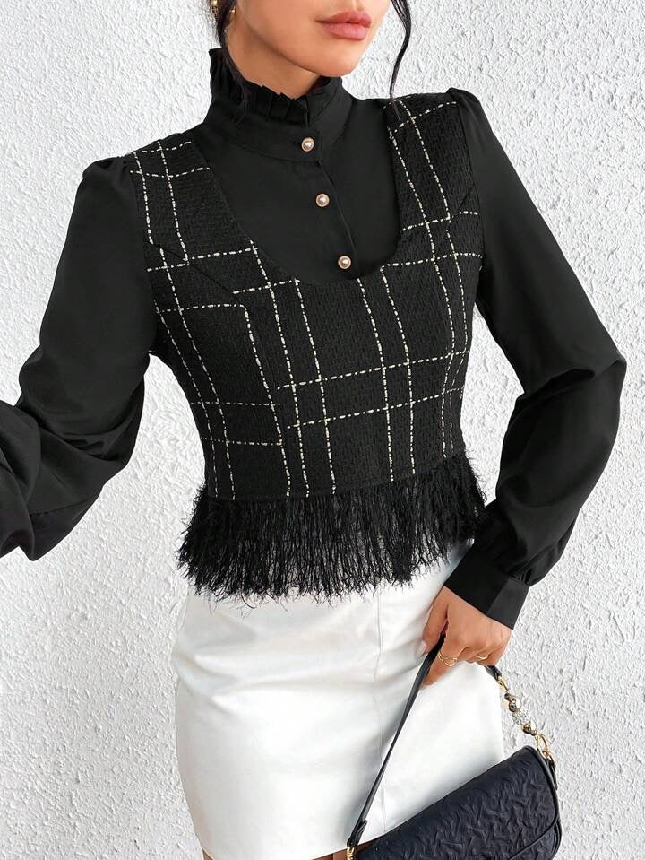 CM-TS967572 Women Elegant Seoul Style Plaid Pattern Fringe Hem Button 2 In 1 Blouse - Black
