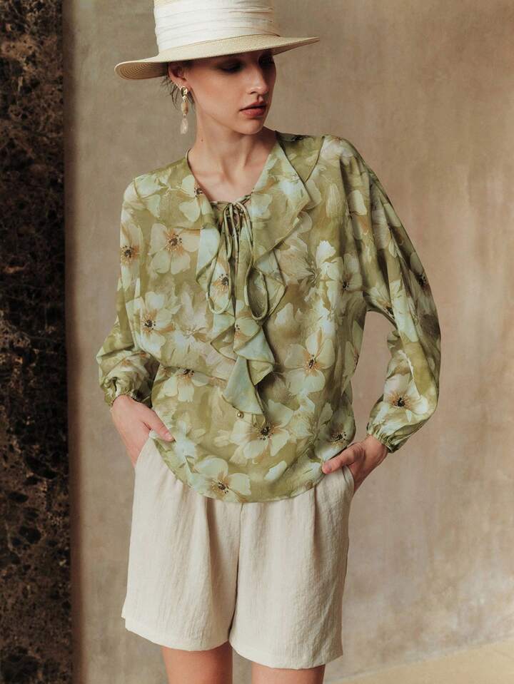 CM-TS843483 Women Casual Seoul Style Floral Print Turquoise Lantern Sleeves Ruffled Decor Tie Neckline Shirt