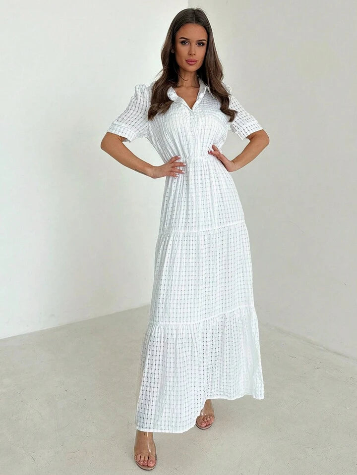 CM-DS955536 Women Casual Seoul Style Collared Waist-Tightening Design Bubble Sleeves Long Dress - White