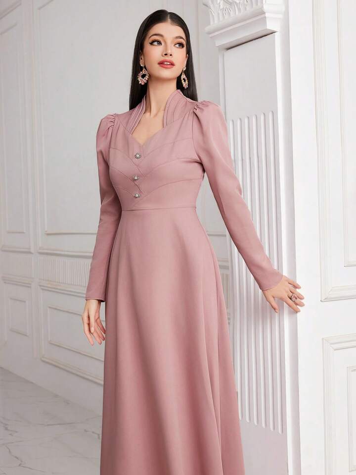 CM-DS404115 Women Elegant Seoul Style Sweetheart Neckline Button Detail Belted Dress - Pink