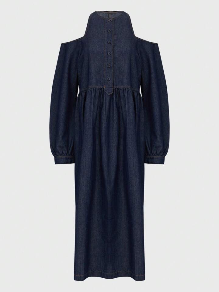CM-DS377584 Women Casual Seoul Style Dark Wash Round Neck Lantern Sleeve A-Line Denim Dress
