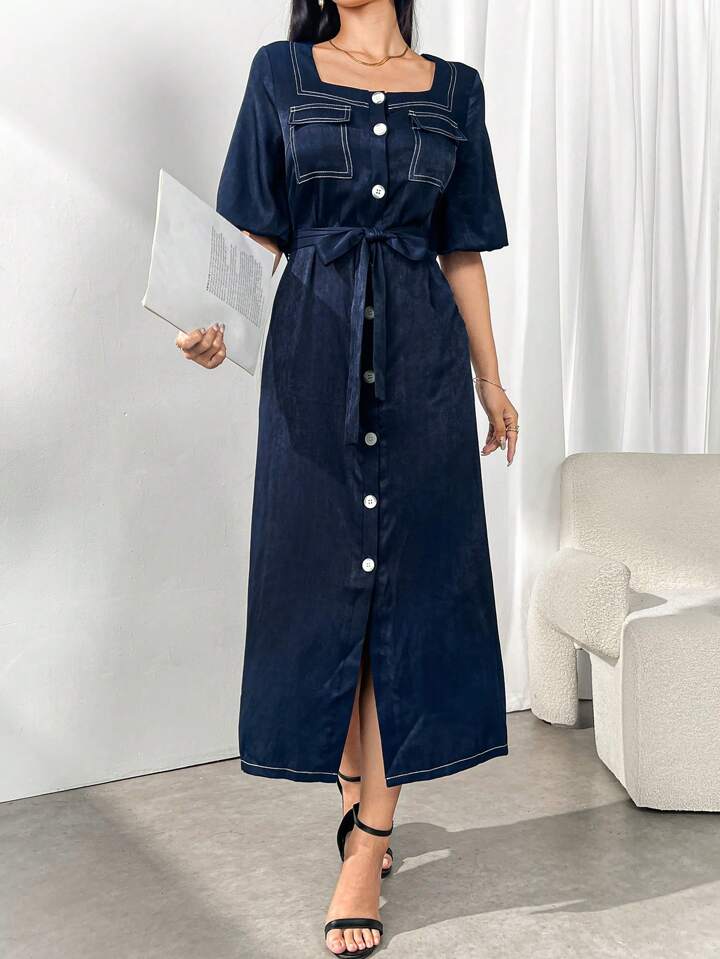 CM-DS778490 Women Elegant Seoul Style Square Neck Front Button Tie-Waist Short Sleeve Dress - Blue