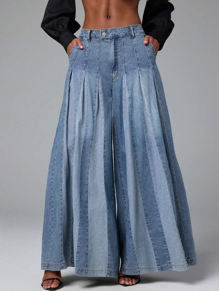 CM-BS851606 Women Casual Seoul Style Medium Wash Two Tone Color Block Wide Leg Flowy Baggy Jeans