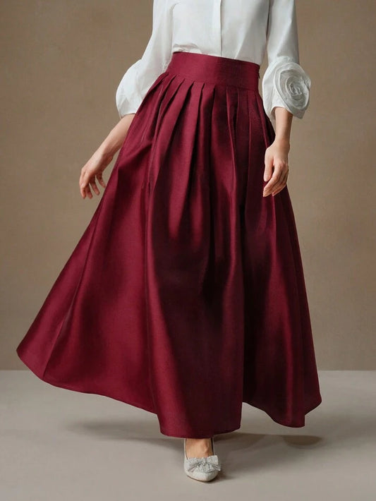CM-BS386136 Women Elegant Seoul Style High Waisted Puff Pleated Long Skirt - Burgundy