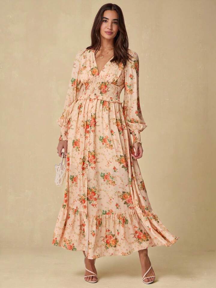 CM-DS402014 Women Elegant Seoul Style Floral Print V-Neck Long Sleeve High Waist Maxi Dress - Orange