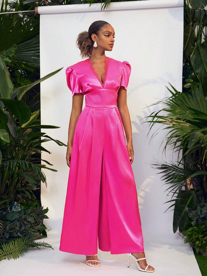 CM-JS005367 Women Elegant Seoul Style Lace V-Neck Short Sleeve Straight Leg Jumpsuit - Hot Pink