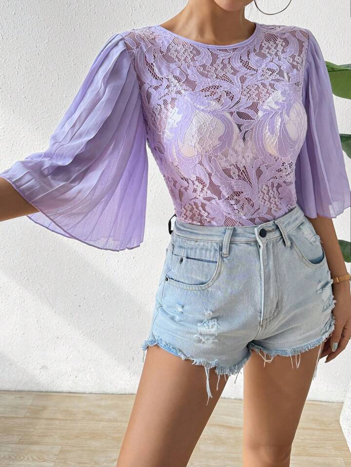 CM-TS558525 Women Trendy Bohemian Style Round Neck Lace Stitching Pleated Sleeves Shirt - Purple