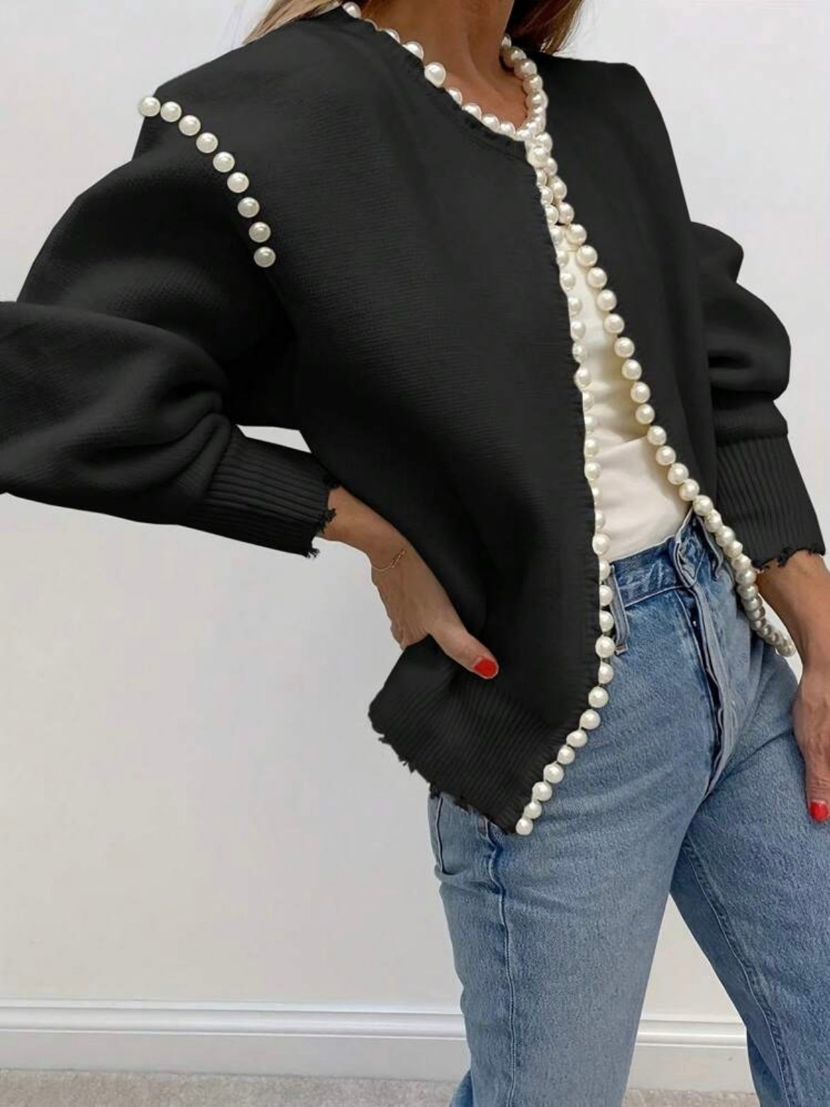 CM-CS696698 Women Casual Seoul Style Pearl Trim Distressed Hem Long Sleeve Knit Sweater - Black