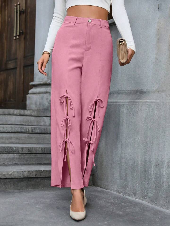 CM-BS642710 Women Casual Seoul Style Bowknot Decoration High Slit Wide Leg Pants - Pink