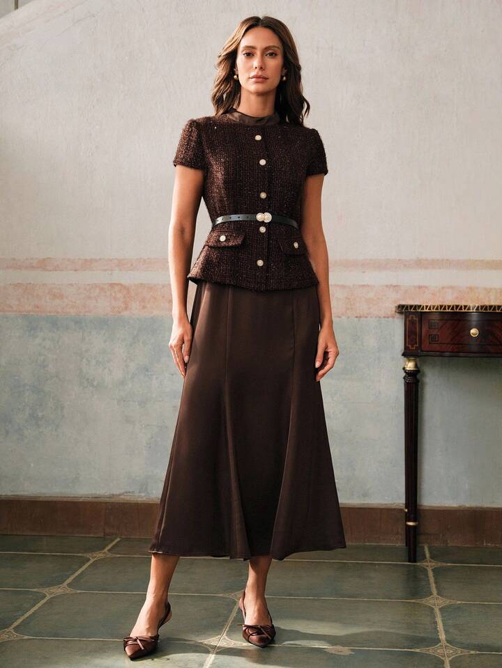 CM-DS844744 Women Elegant Seoul Style Stand Collar Short Sleeve Tweed Satin Patchwork Dress - Coffee