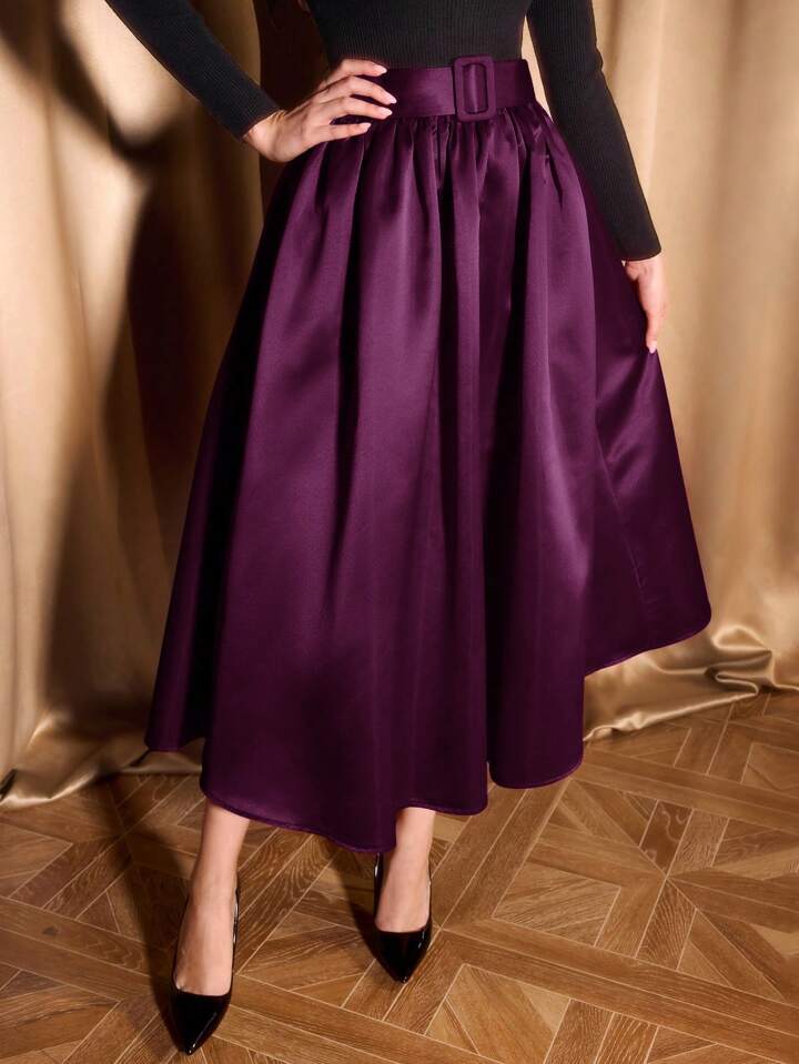 CM-BS562519 Women Elegant Seoul Style Ultra High Waist Satin Flared Hem A-Line Skirt - Purple