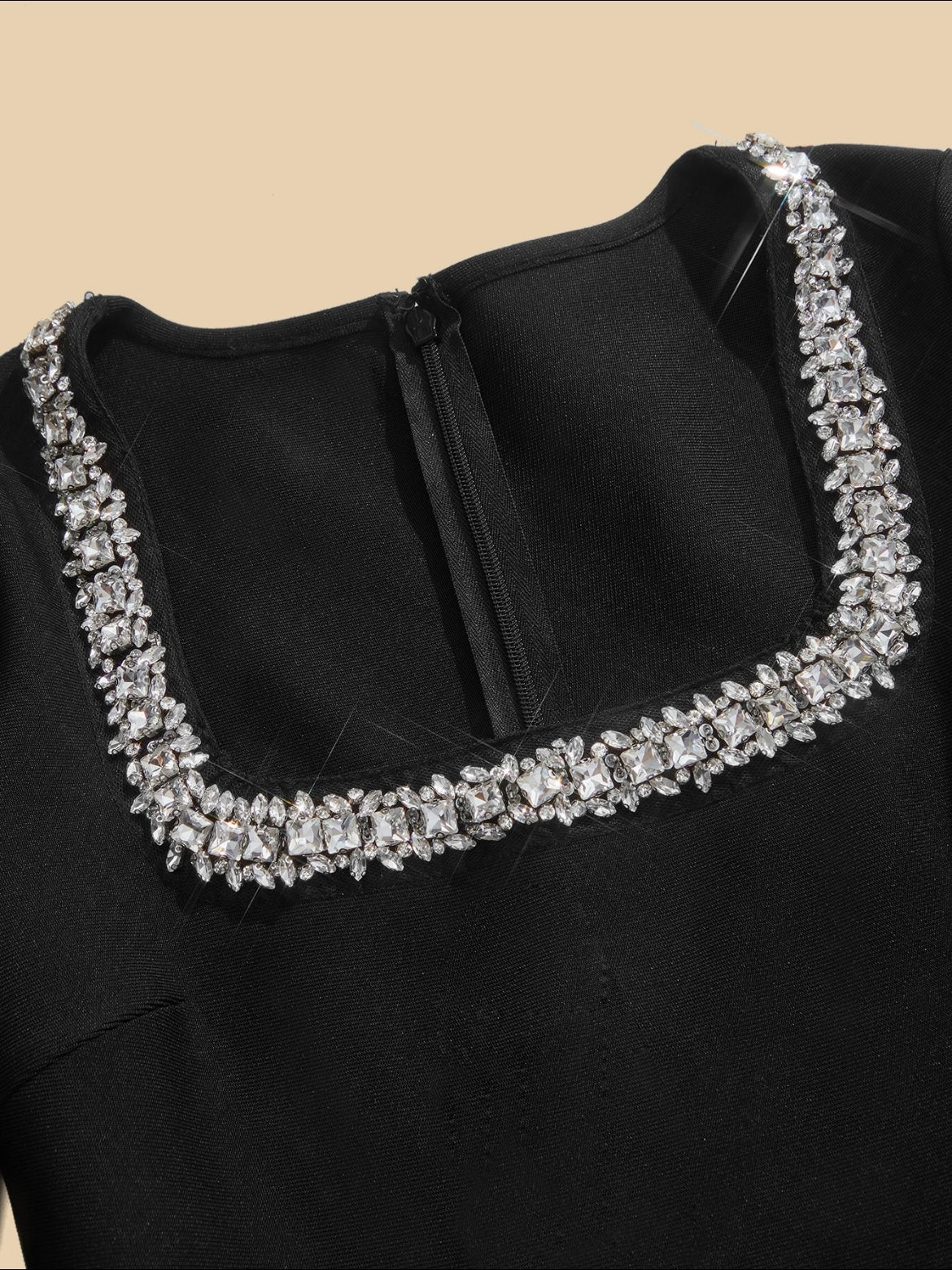 CM-DS016057 Women Elegant Seoul Style Square Neck Long Sleeve Rhinestone Bandage Ribbed A-Line Dress - Black
