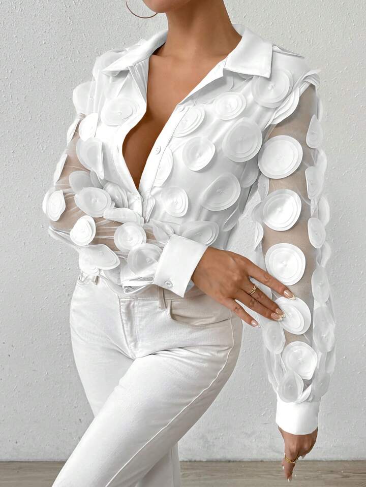 CM-TS948226 Women Elegant Seoul Style 3D Petal Chiffon Hollow Out Lantern Sleeves Shirt - White