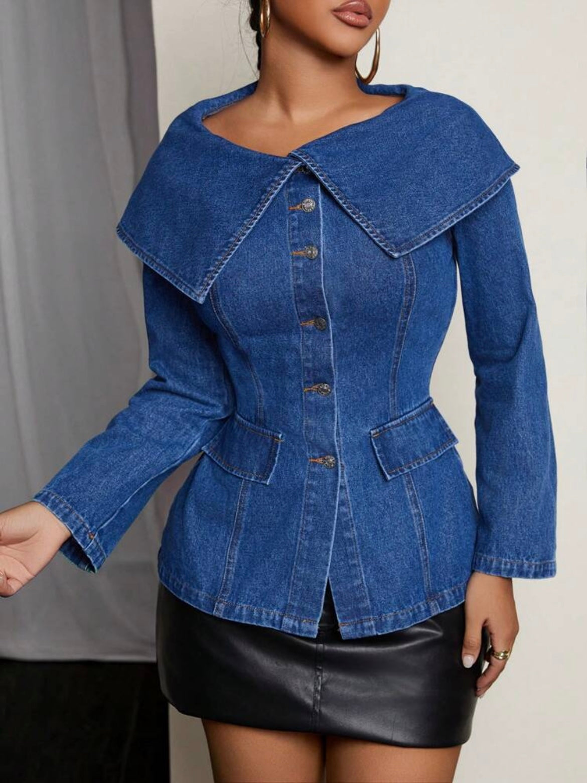 CM-TS433633 Women Elegant Seoul Style Peter Pan Collar Single Breasted Long Sleeve Denim Blouse
