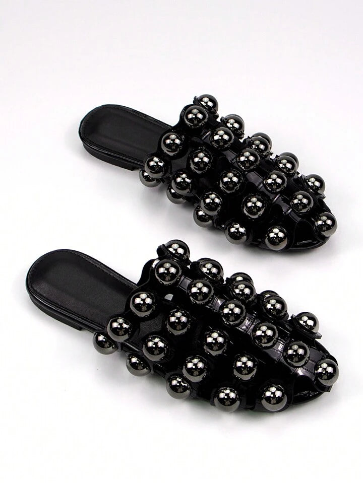 CM-SHS518463 Women Trendy Seoul Style Hollow Metal Rivet Decor Glossy Crocodile PU Round Toe Slip-On Flat Mules