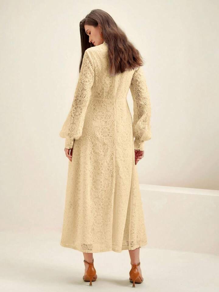CM-DS007437 Women Elegant Seoul Style Lace Mandarin Collar Long Sleeve A-Line Dress - Apricot