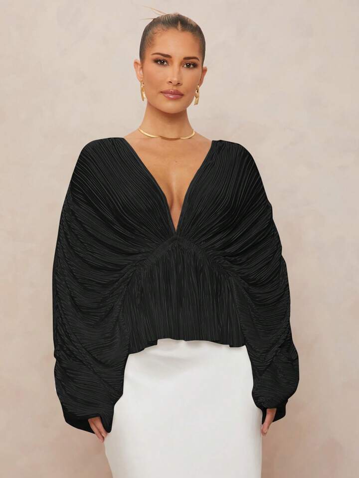 CM-TS291833 Women Elegant Seoul Style Deep V-Neck Oversized Ruffle Sleeves Loose Blouse - Black