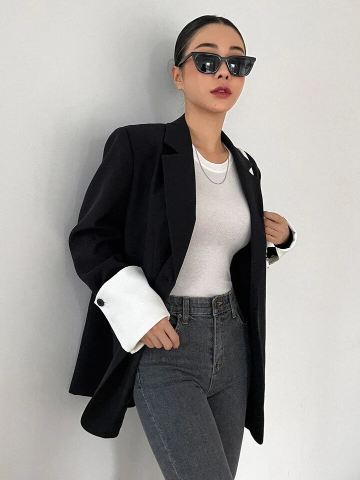 CM-CS876978 Women Casual Seoul Style Lapel Neckline Button Front Long Sleeve Blazer - Black