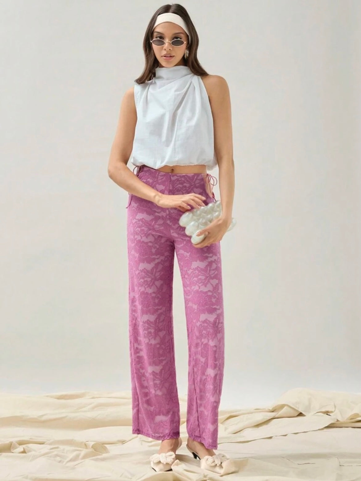 CM-BS032552 Women Elegant Seoul Style Cut Out Droop Waist Hollow Lace Straight Pants - Pink