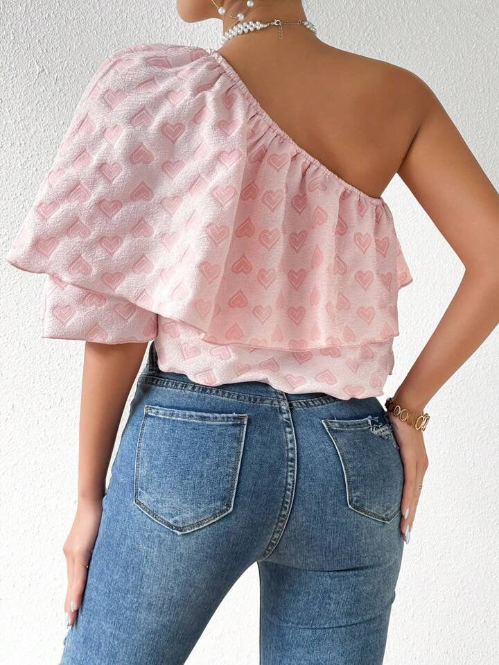 CM-TS298526 Women Casual Seoul Style Heart Shaped Design Oblique Shoulder Blouse