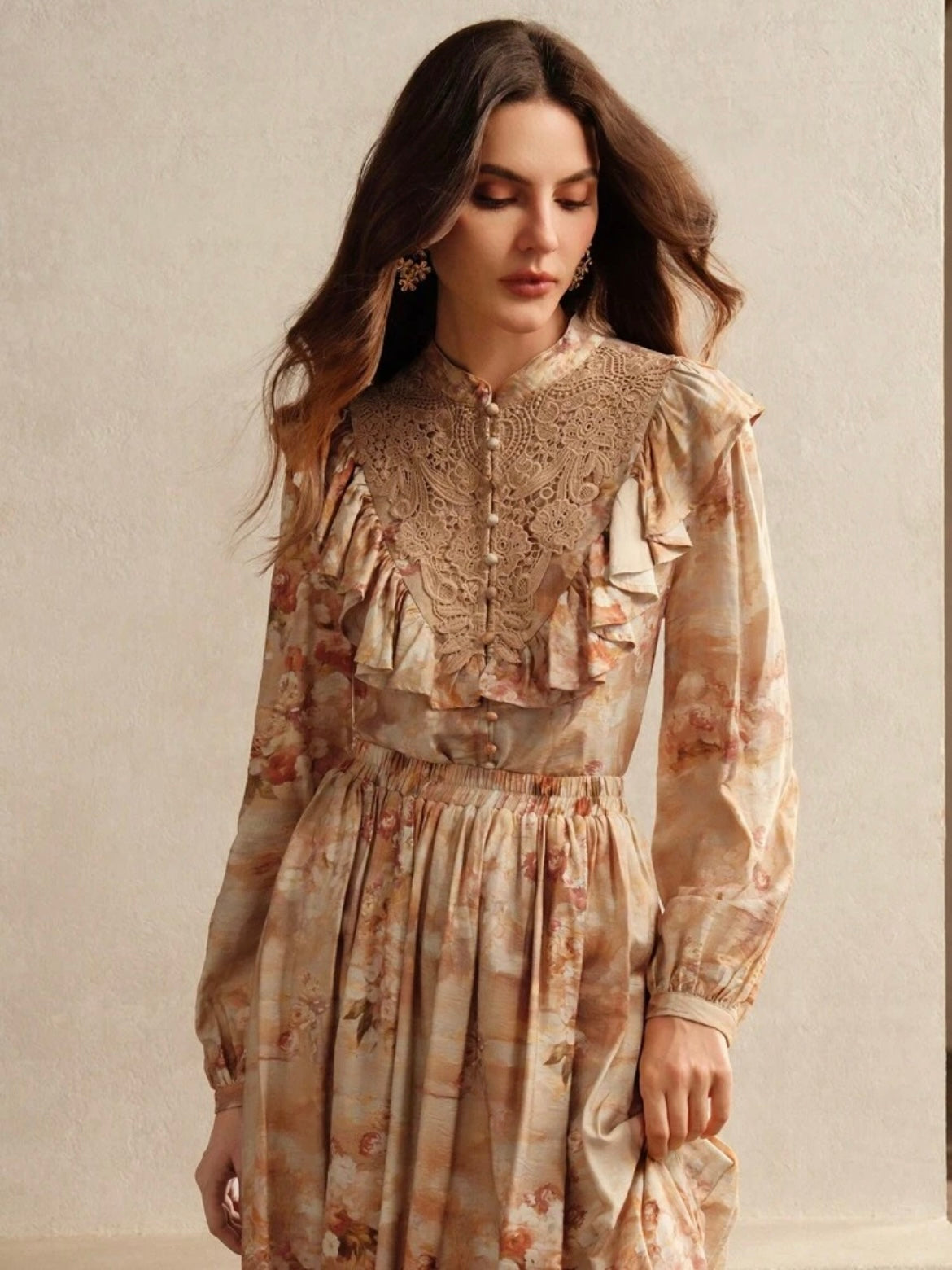 CM-TS379818 Women Elegant Seoul Style Floral Print Lace Ruffled Trim Blouse