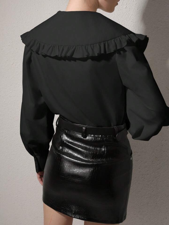 CM-TS789662 Women Elegant Seoul Style Solid Color Peter Pan Collar Bishop Sleeve Ruffle Detail Long Sleeve Blouse