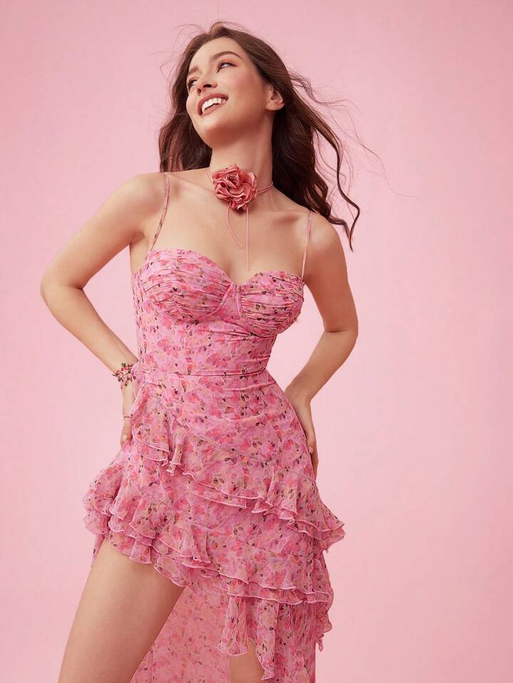 CM-DS862654 Women Elegant Seoul Style Floral Print Ruffle Hem High Slit Spaghetti Strap Maxi Dress - Pink
