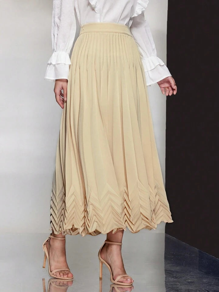 CM-BS462840 Women Casual Seoul Style Pleated Flared Maxi Skirt - Apricotsz2312255350462840