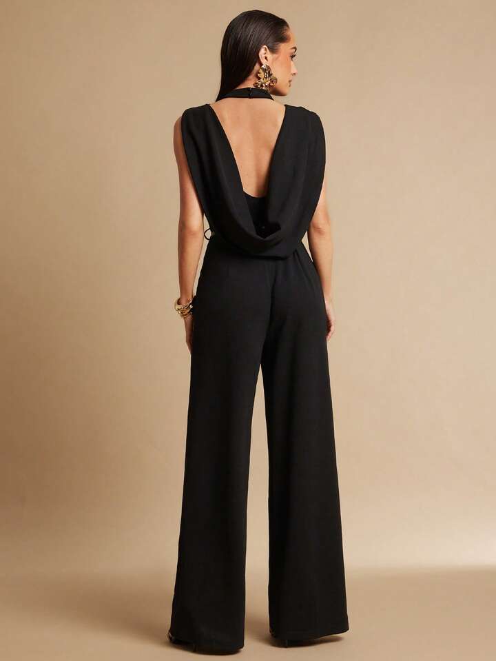 CM-JS394622 Women Elegant Seoul Style Stand Collar Sleeveless Pleated Backless Jumpsuit - Black