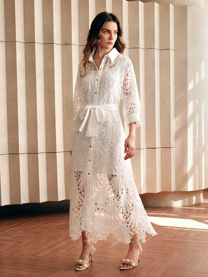 CM-DS168582 Women Elegant Seoul Style Collar Neckline Mid-Sleeve Lace Embroidered Midi Dress - White