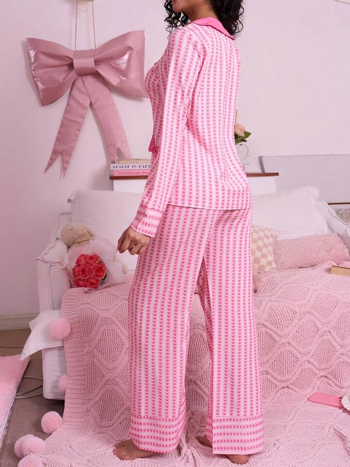 CM-LS699637 Women Trendy Seoul Style Heart Stripe Bow Decor T-Shirt With Long Pants Pajama Set