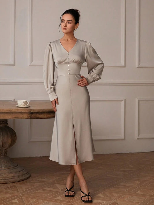 CM-DS307088 Women Elegant Seoul Style Solid Color V-Neck Long Sleeve Front Slit Dress - Dusty Purple