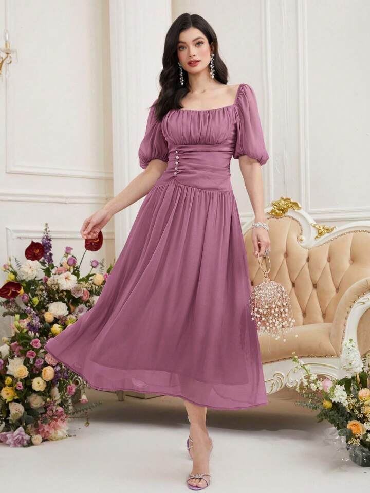CM-DS785447 Women Elegant Seoul Style Square Neck Short Puff Sleeve Pleated Dress