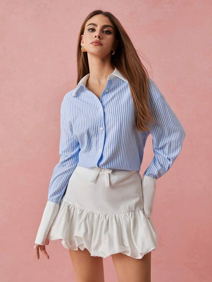 CM-TS919017 Women Casual Seoul Style Stripe Patchwork Collar Neckline Long Sleeve Blouse - Blue