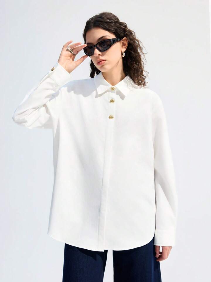 CM-TS827052 Women Casual Seoul Style Solid Collar Neckline Drop Shoulder Long Sleeve Blouse - White